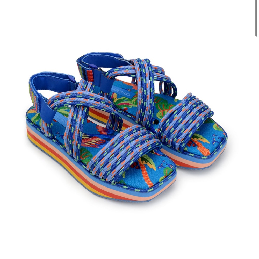 Farm Rio Blue Macaw Sandals Platform Floral Vegan Strappy Velcro Summer size 10